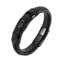 Pulseira masculina de couro legítimo, pulseira com botão magnético de aço - Image 1