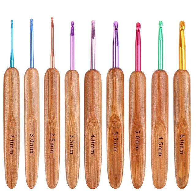 Conjunto de 9 pçs de Bambu Colorido com Ganchos de Crochê de Alumínio e Agulhas de Tricô de 2-6mm para Costura e Artesanato