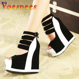 Sandálias plataforma de couro genuíno para mulheres, salto alto 14cm cunhas, cores misturadas, sapatos sexy, novo verão 2021 - Image 3