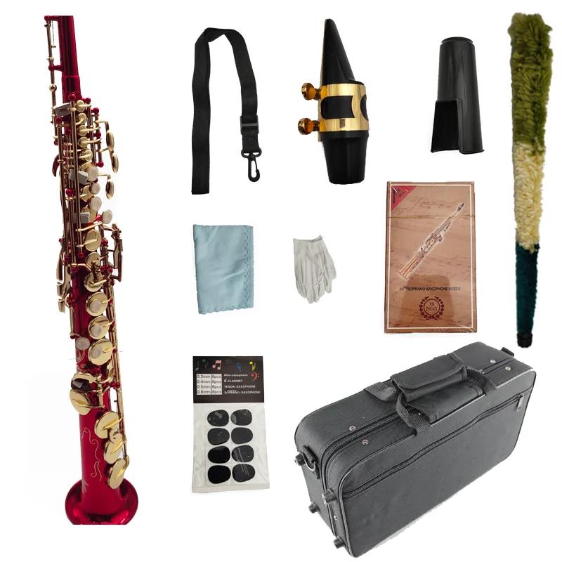 Soprano saxofone b plana vermelho cobre lacado ouro sax chaves de bronze woodwind instrumento com caso bocal frete grátis - Image 1