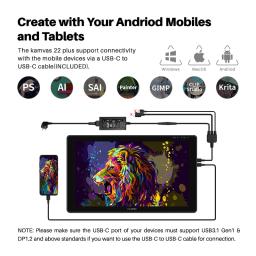 Huion Kamvas 22 Plus mesa digitalizadora tablet gráfico de 21,5 polegadas com tela de vidro anti-reflexo 140% sRGB Drawing Monitor para Design, Linux MacOS Android Compatível - Image 4