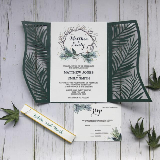 Convites de Casamento Personalizados com Cartão RSVP e Decoração Verde para Noivados e Festas