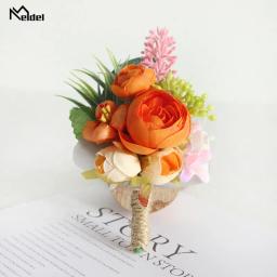 Meldel-Silk Rose Boutonniere para damas de honra, Casamento Corsage Pulso, Noivo Pulseira, Casamento Corsage, Orange Flower - Image 4