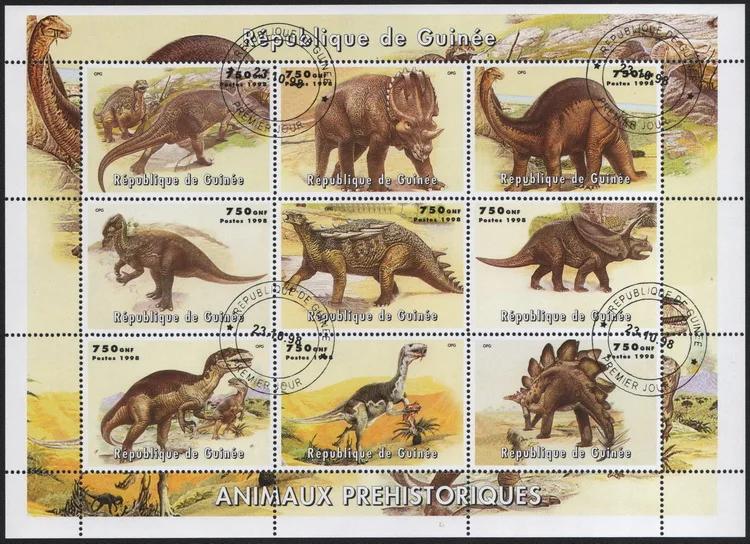 Selos postais para coleta, Selos postais da Guiné, dinossauros pré-históricos, 1998, 9 peças por conjunto - Image 1