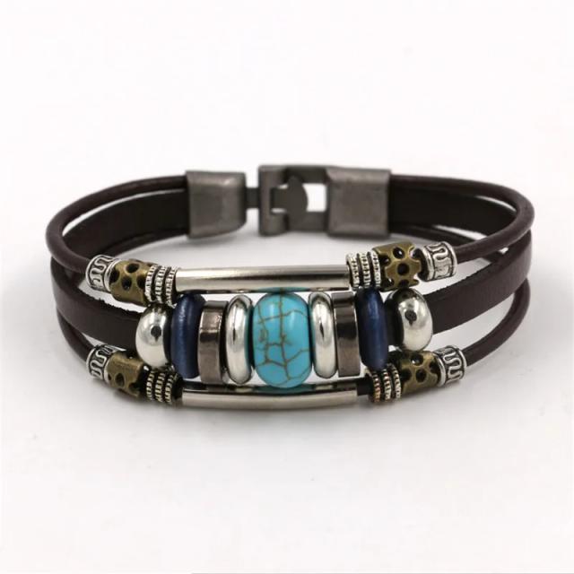 Pulseira Retro de Couro Multi Camadas com Pedra Natural e Acessórios em Liga para Homens e Mulheres - Acessório de Moda e Presente Ideal de Amizade