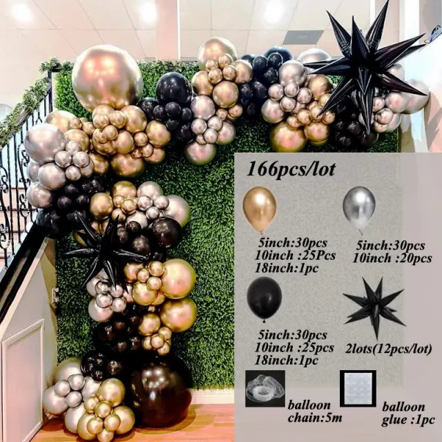 Kit de Balões Metálicos para Festa com Guirlanda de Arco em Dourado, Prateado e Preto - 166 Peças para Decoração de Aniversário e Chá de Bebê