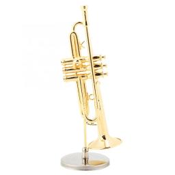 Réplica miniatura trompete com suporte e estojo, modelo de instrumento banhado a ouro, ornamentos musicais - Image 4