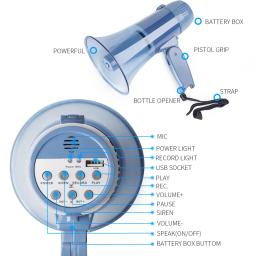 Alto-falante portátil de 20 watts megafone bullhorn com sirene 240s gravador de voz e movimentação flash usb para brocas de segurança e futebol - Image 6