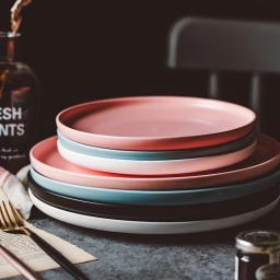 Tiro fotografia comida utensílios de mesa cor sólida placas de cerâmica simples & criatividade placa de carne redonda sobremesa prato salada pratos - Image 1