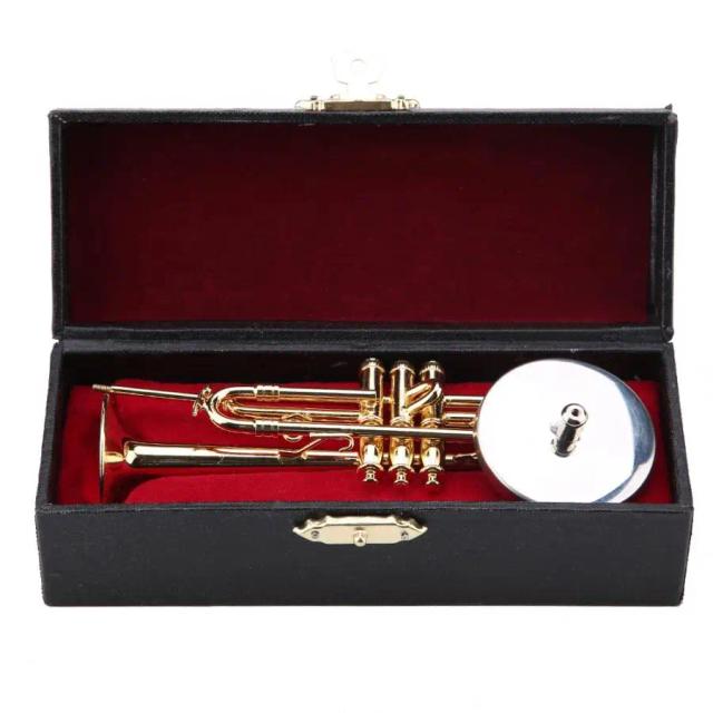Miniatura de Trompete Banhada a Ouro com Suporte e Estojo - Objeto Decorativo Musical Elegante