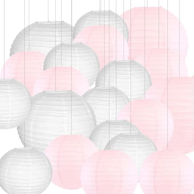 Lanterna de Papel Chinesa para Festas e Decorações, Conjunto com 20 Peças em Luz Branca e Rosa, Ideal para Natal e Casamentos