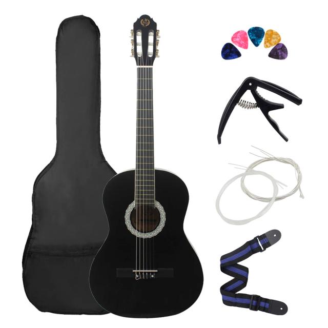 Guitarra Clássica de 39 Polegadas em Black Basswood com 6 Cordas - Instrumento Ideal para Iniciantes com Saco de Presente Musical e Acessórios Inclusos