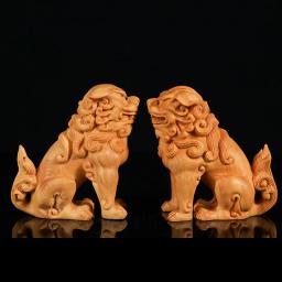 Estátuas do guardião chinês, leões gêmeos do Feng Shui, madeira maciça artesanal - Image 3