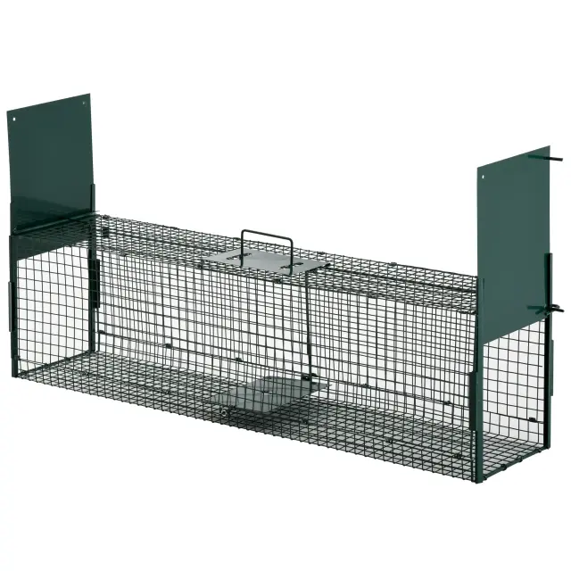 Gaiola de Metal PawHut com Alça e 2 Portas para Coelhos - Armadilha para Animais Vivos, 100x25x28 cm, Verde Escuro