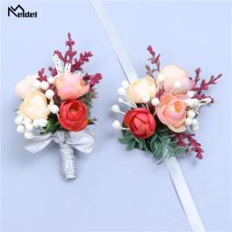 Meldel-Silk Rose Boutonniere para damas de honra, Casamento Corsage Pulso, Noivo Pulseira, Casamento Corsage, Orange Flower - Image 5