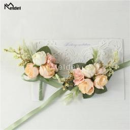 Meldel-Corsage de pulso para casamento, boutonniere masculino, pulseira, alfinetes do noivo, flor de corsage de pulso, rosa vermelha seda - Image 1