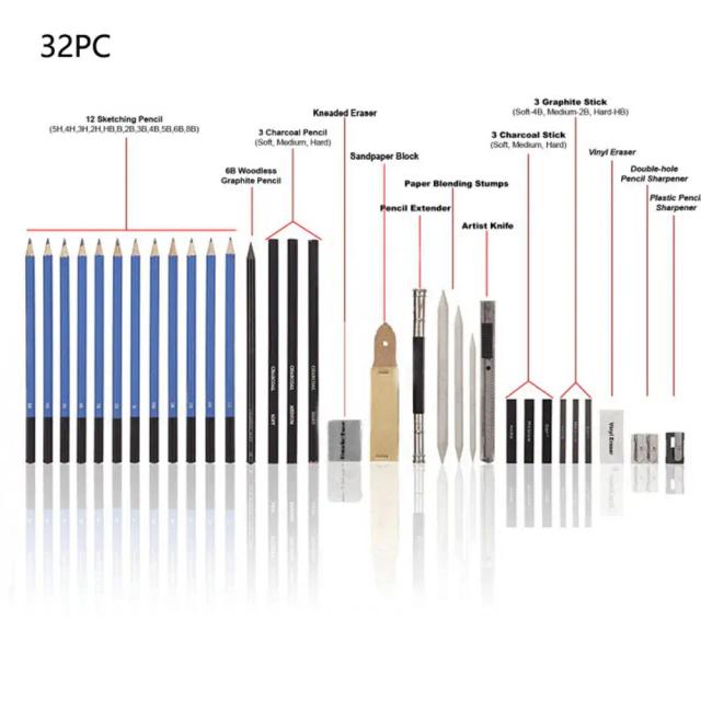 Kit Completo de 32 a 35 Peças para Desenho e Esboço com Lápis de Arte