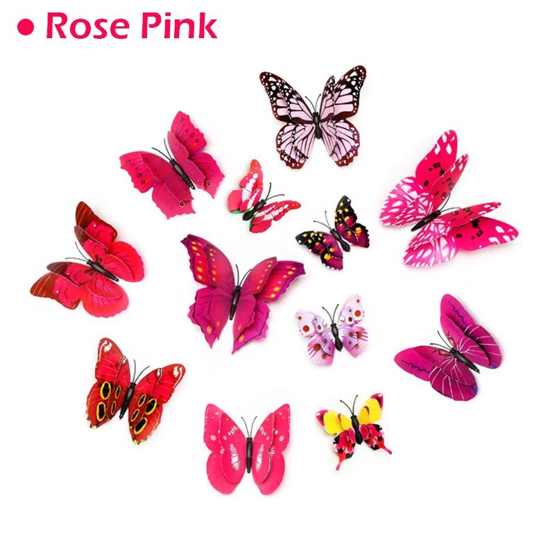 Adesivos de parede de borboleta 3d dupla camada rosa, decoração para casa, arte decorativa, adesivo de decalque de parede, borboletas para ímã de geladeira - Image 1