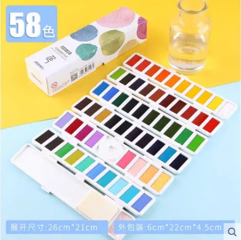 Conjunto de Pigmentos em 38/58 Cores para Iniciantes com Tela Dobrável em Aquarela Sólida – Ferramenta Prática de Desenho e Artes