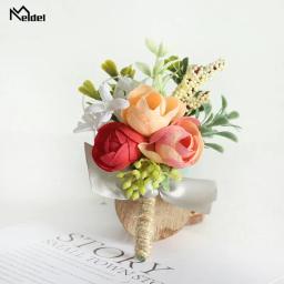 Meldel-Silk Rose Boutonniere para damas de honra, Casamento Corsage Pulso, Noivo Pulseira, Casamento Corsage, Orange Flower - Image 3
