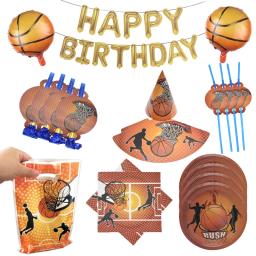 Conjunto de artigos para festas de basquete banner pratos copos guardanapos toalha de mesa bolo toppers tema esporte festa de aniversário decoração meninos - Image 6