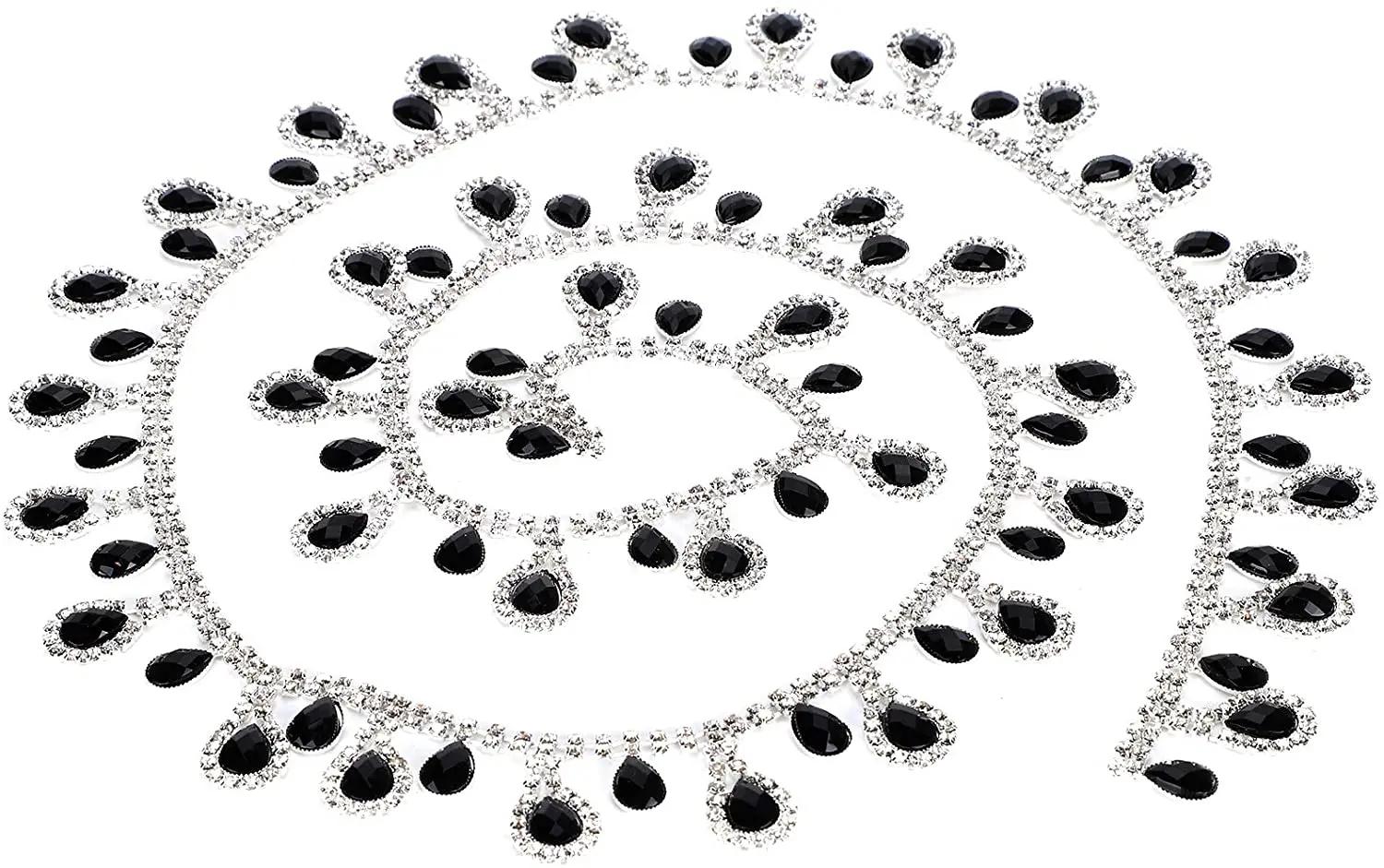Strass borla chain, 1 jarda de vidro preto gota colar franja guarnição para artesanato decoração diy festa casamento nupcial enfeite - Image 1