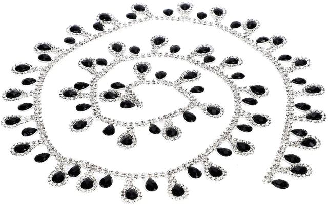 Guarnição de franja em strass com gota de vidro preto - 1 jarda para decoração DIY de festas e casamentos