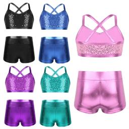 Shorts e Tops de Tank Sequins femininas, Roupa de Ballet, Collant Ginástica, Roupa de Treino, Esportes de Academia, Fitness, Crianças - Image 6