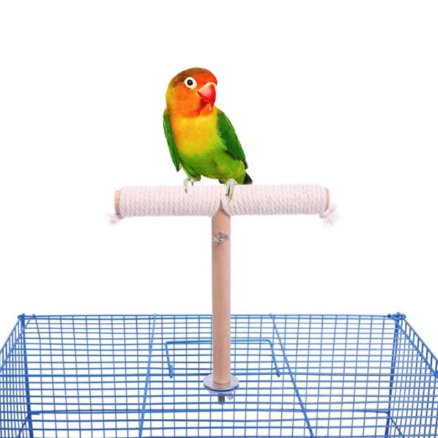 Barra em T de Suporte para Pássaros em Madeira Natural com Poleiro e Corda de Algodão - Brinquedo Ideal para Cacatuas, Conures, Periquitos e Pássaros do Amor