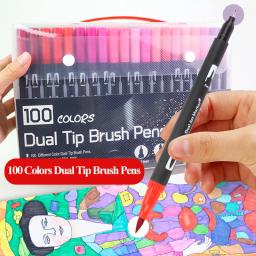 Canetas de ponta dupla, 100 cores, arte, marcadores, canetas, ponta fina e pincel, aquarela, para desenho, pintura, caligrafia, materiais de arte - Image 1
