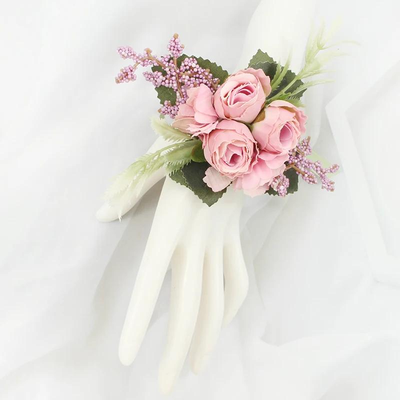 Meninas da dama de honra pulso flores fita rosa pulseiras cerimônia festa casamento baile de formatura flor noivo boutonniere casamento pulso corsage - Image 1