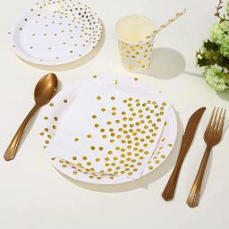 Louça descartável para festa de casamento, chapas e copos de papel branco, suprimentos coleção ouro, aniversário do bebê e dia dos pais - Image 4