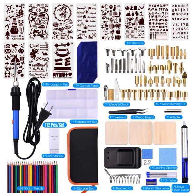Kit de Queima de Madeira 112 Peças - Caneta de Pyrography 60W com Temperatura Ajustável de 220 a 480°C para Escultura e Gravação