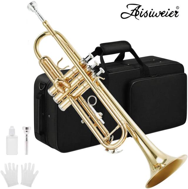Conjunto de Trompete Bb Aisiweier Gold Brass com Estojo Rígido, Luvas e Bocal 7C - Ideal para Estudantes ATR-380