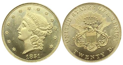 Moeda Double Eagle de 20 Dólares dos EUA sem Lema, Anos 1851 a 1865