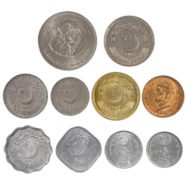 Conjunto de 10 Moedas do Paquistão em Anos Aleatórios para Colecionadores