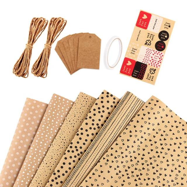 Papel de Embrulho Kraft para Presentes com 6 Folhas, Etiquetas e Cordas de Juta para Aniversários