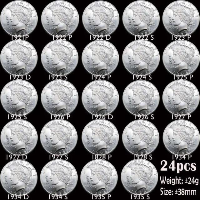 Coleção Completa de 24 Moedas dos EUA (1921-1935) - Réplica em Prata do Dólar da Paz