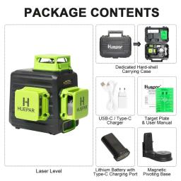 Huepar-3D Cruz Linha Auto-Nivelamento Nível Laser, 12 Linhas, Green Beam Li-ion Battery, Type-C Porta de Carregamento, Hard Carry Case - Image 6