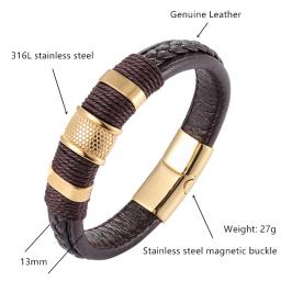 Pulseira masculina de couro legítimo, pulseira com botão magnético de aço - Image 6