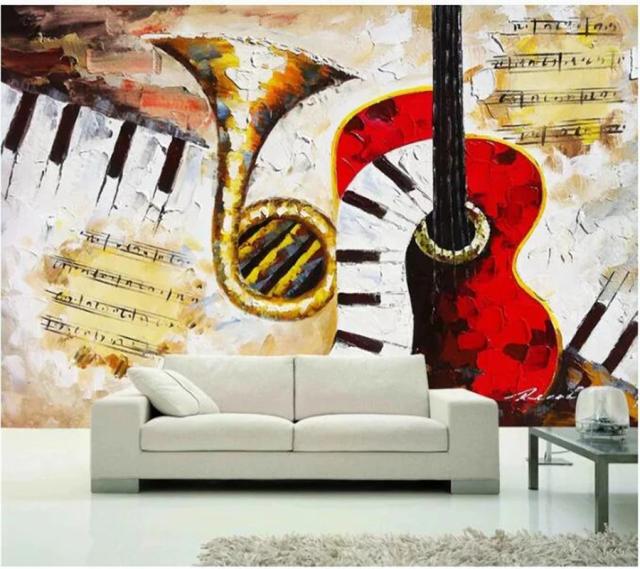 Mural 3D Personalizado de Papel de Parede com Saxofone, Piano e Folhas de Música em Estilo Retrô Europeu
