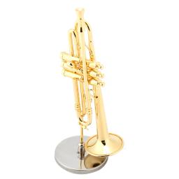 Réplica miniatura trompete com suporte e estojo, modelo de instrumento banhado a ouro, ornamentos musicais - Image 6