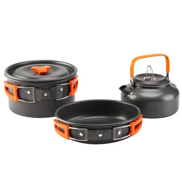 Conjunto Completo de Utensílios de Cozinha em Alumínio para Acampamento e Piquenique: Chaleira, Panela e Talheres Práticos para Viagens e Churrascos