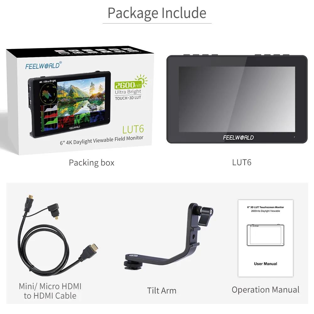 Câmera DSLR Feelworld Touch Screen, monitor DSLR de campo, Waveform VectorScope para o YouTube Live, LUT6, 6 ", 2600nits, HDR, 3D, LUT - Image 1