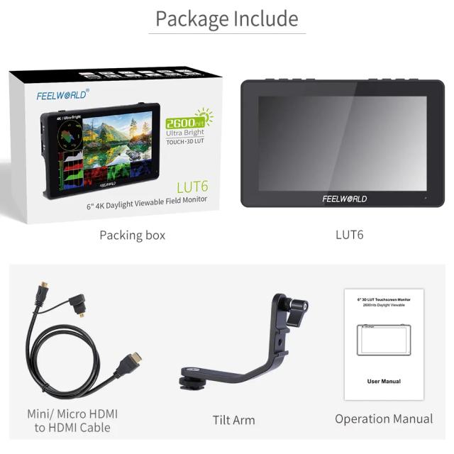 Monitor DSLR Feelworld Touch Screen 6" para YouTube Live com 2600nits, HDR, Waveform e VectorScope