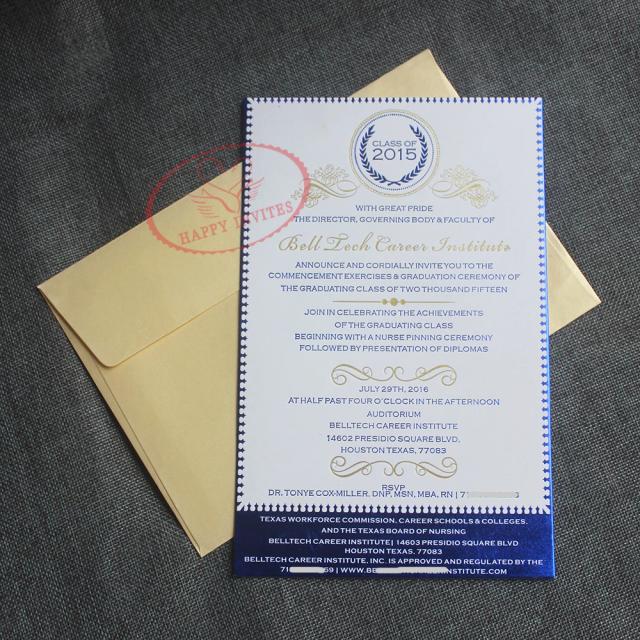 Convite de Formatura Elegante em Papel de Algodão 900gsm com Detalhes em Papel-Alumínio Azul Real e Dourado - Pacote com 100 Peças