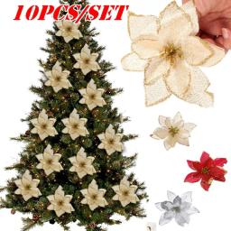 Grandes lantejoulas flores do Natal, Poinsétia Glitter, flores artificiais, enfeites de árvore, Decorações Home, 5.5 ", 10pcs - Image 1
