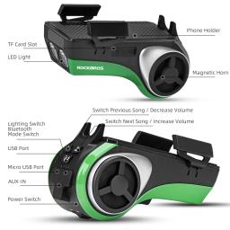 Rockbros porta-celular para bicicleta, suporte para telefone, bluetooth, 5 em 1, áudio e mp3, alto-falante, buzina, bateria de 4400mah, acessórios de bike - Image 3