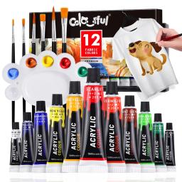 COLORIDO-Conjunto de tinta de tecido para roupas, Conjunto com 6 pincéis, 1 paleta, 12 cores permanentes têxteis, Kit de pintura inchada para sapatos, lona - Image 1