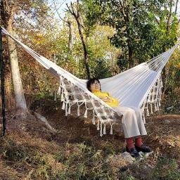 Rede de lona portátil dormir pendurado balanço cadeira viagem ao ar livre acampamento pendurado cama dobrável borla dupla rede jardim - Image 1
